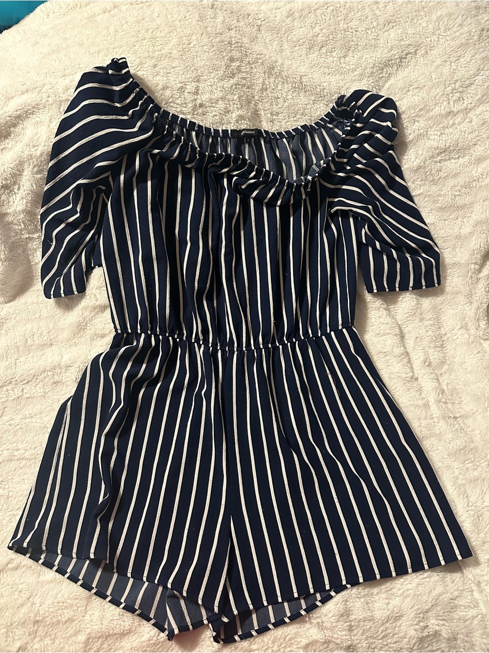 Ambiance Navy & White Striped Off-Shoulder Romper Size 1X